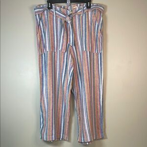 SEVEN 7 Sz 12 Multicolored Striped Belted Wide Legged‎ Cropped Linen Blend Pants